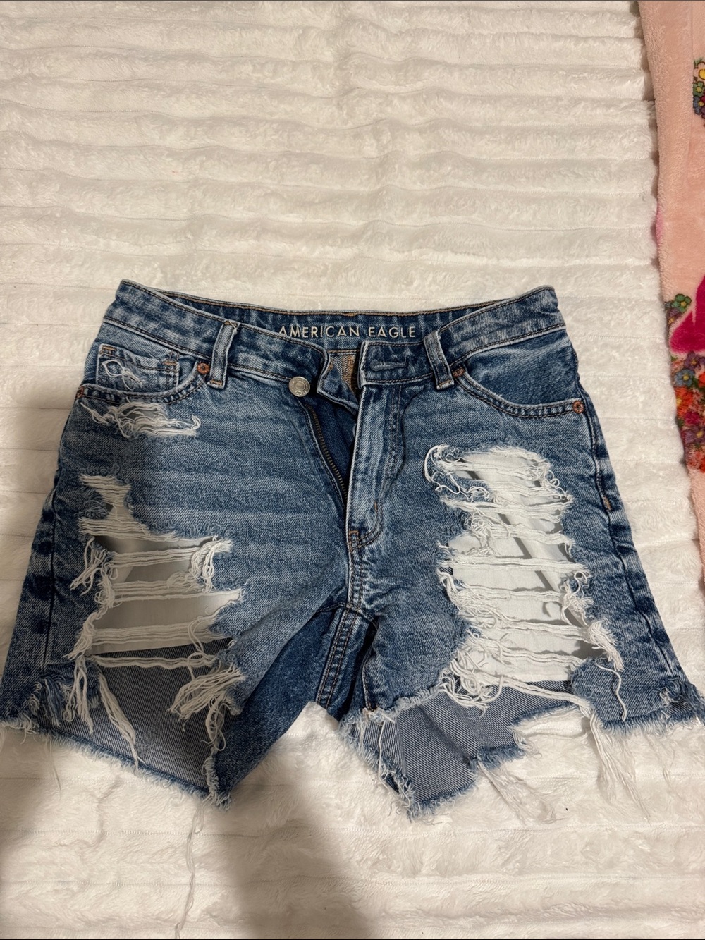 American Eagle Outfitters Dark Blue Distressed High-Rise Jean Shorts